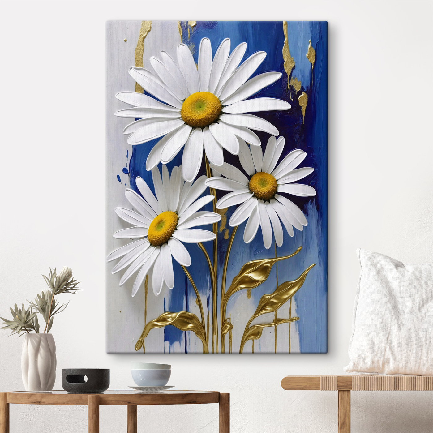 Daisies flourish on a blue canvas