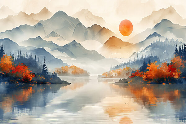 A landscape with mountains and water