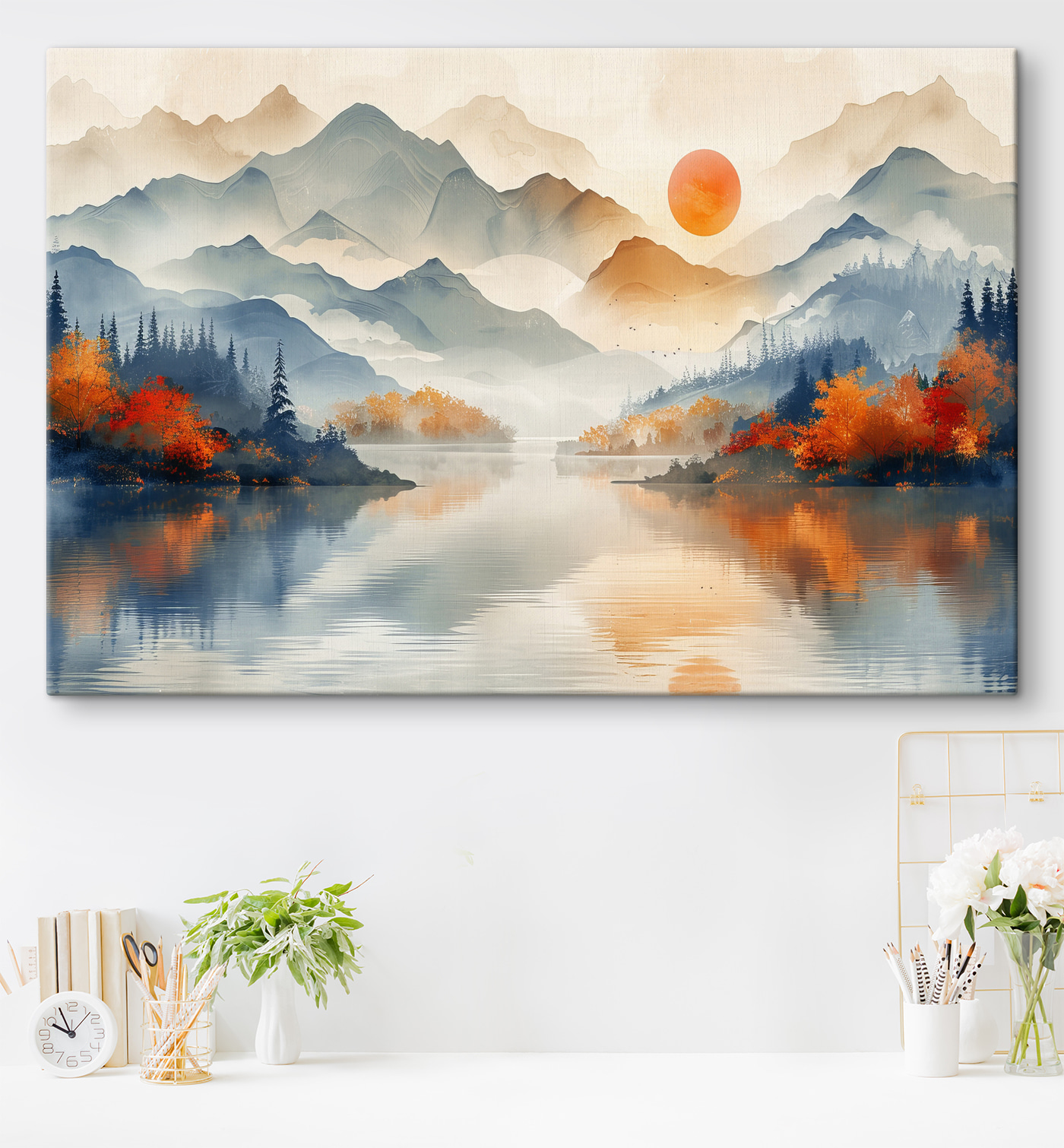 A landscape with mountains and water