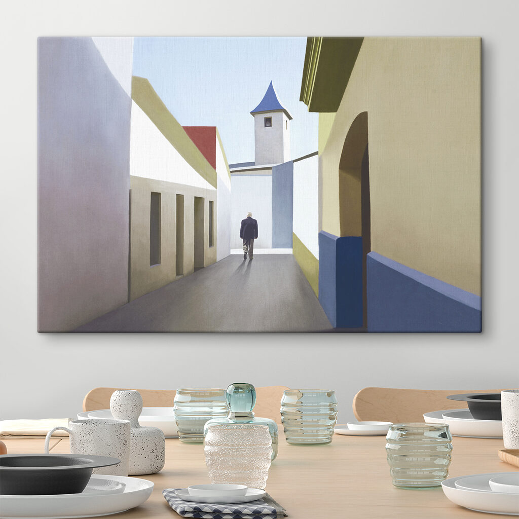 A man walking down a narrow street