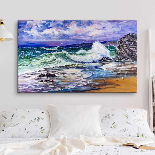A painting of waves crashing on a beach