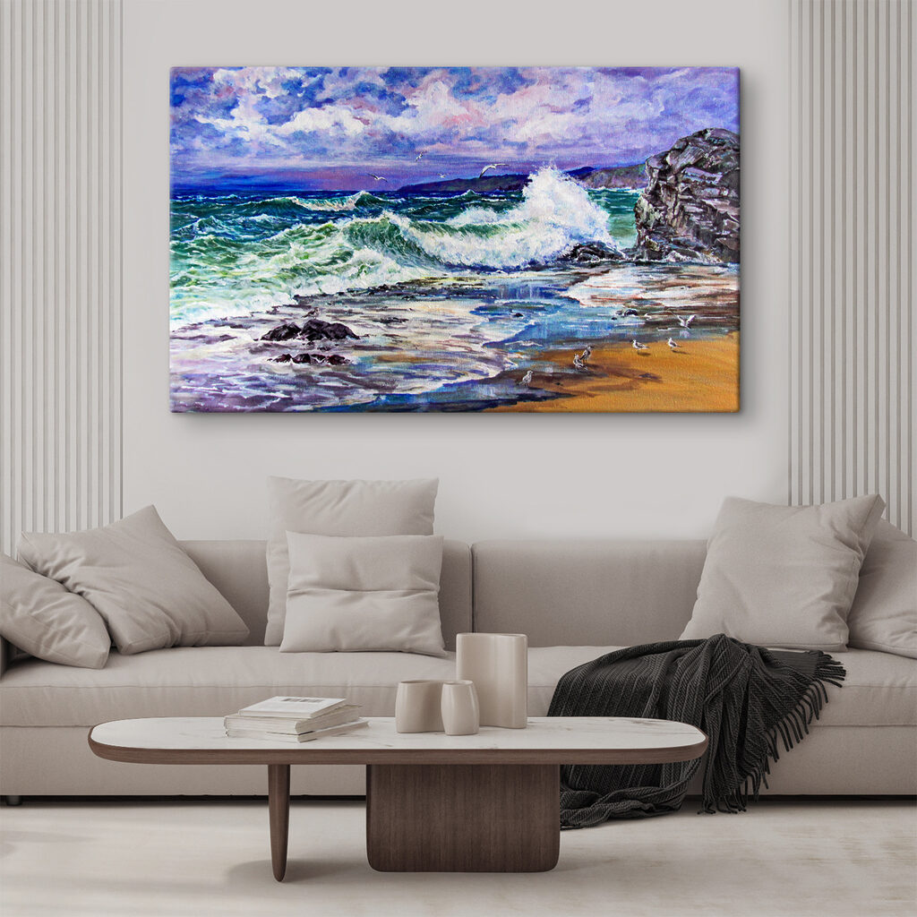 A painting of waves crashing on a beach