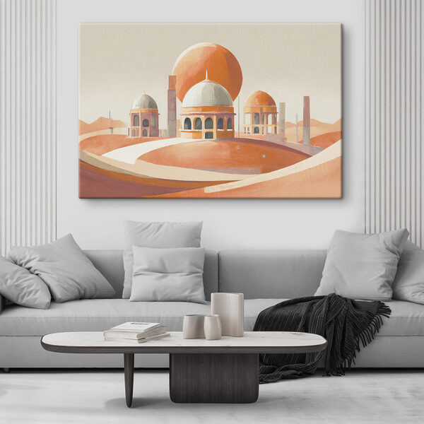 Quadri Quadri Un paesaggio desertico con edifici e una grande sfera arancione (COD: s37812)