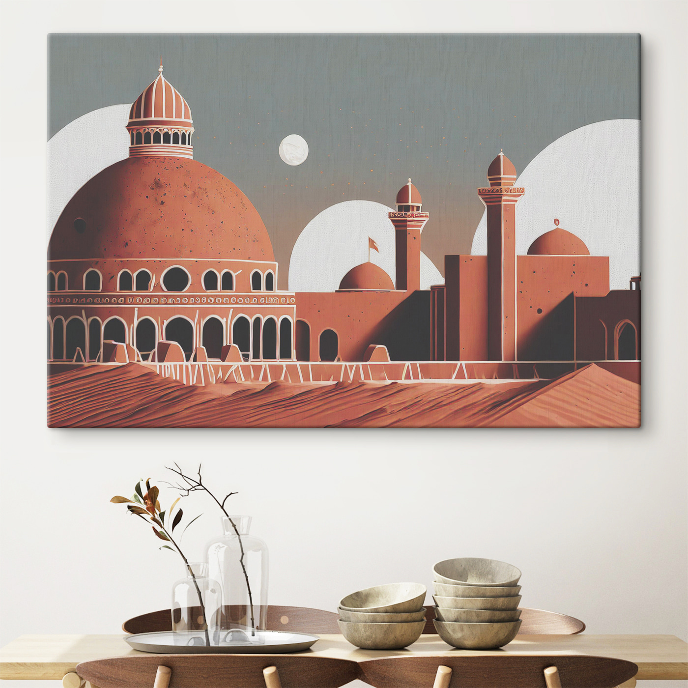 A desert landscape with a building and towers