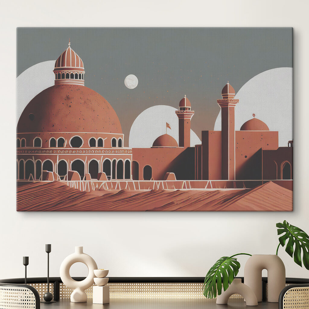 A desert landscape with a building and towers