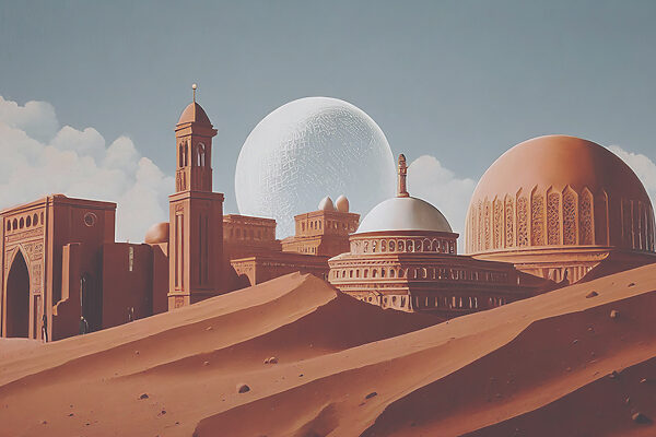 A desert landscape with buildings and a large white ball