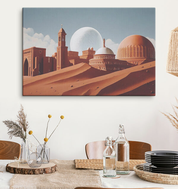 Quadri Un paesaggio desertico con edifici e una grande sfera bianca