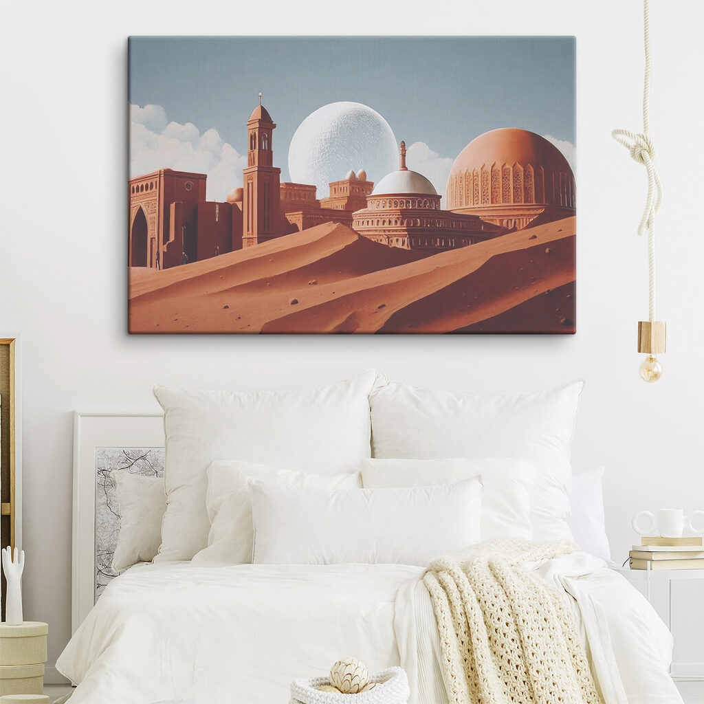 A desert landscape with buildings and a large white ball