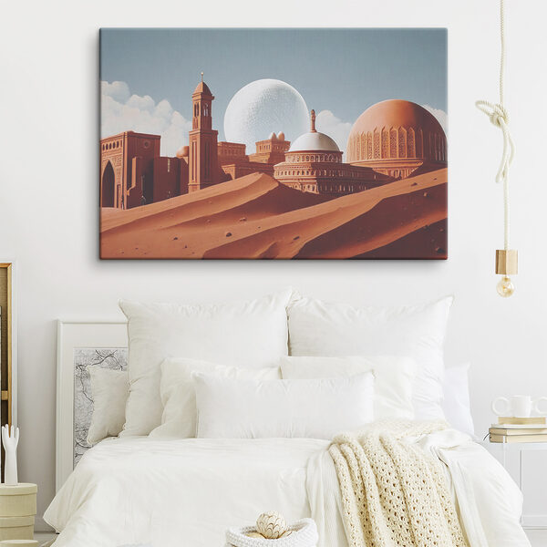 A desert landscape with buildings and a large white ball