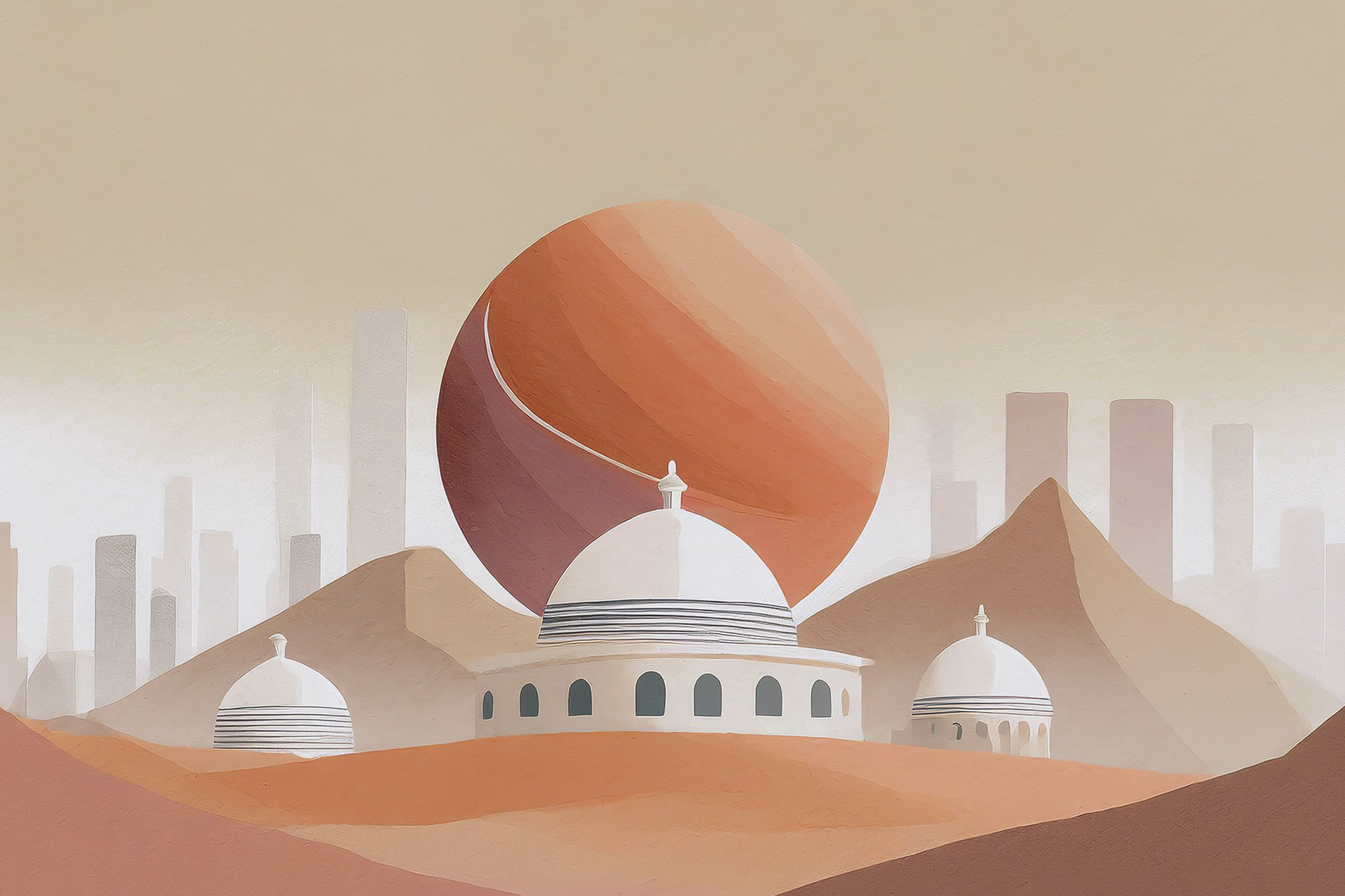 A desert landscape with buildings and a large red ball
