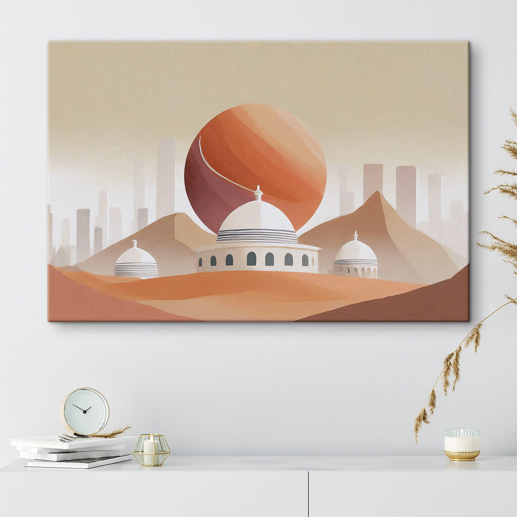 A desert landscape with buildings and a large red ball
