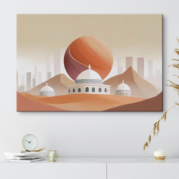 A desert landscape with buildings and a large red ball
