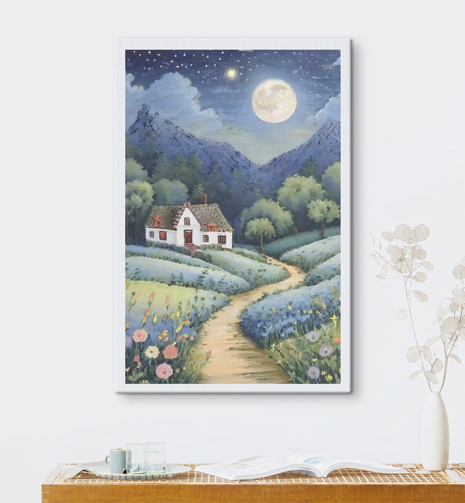 A painting of a house in a field of flowers A painting of a house in a field of flowers