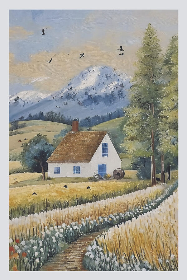 A painting of a house in a field