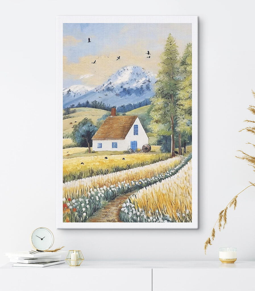A painting of a house in a field