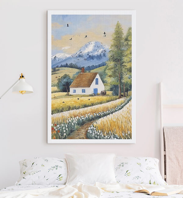A painting of a house in a field