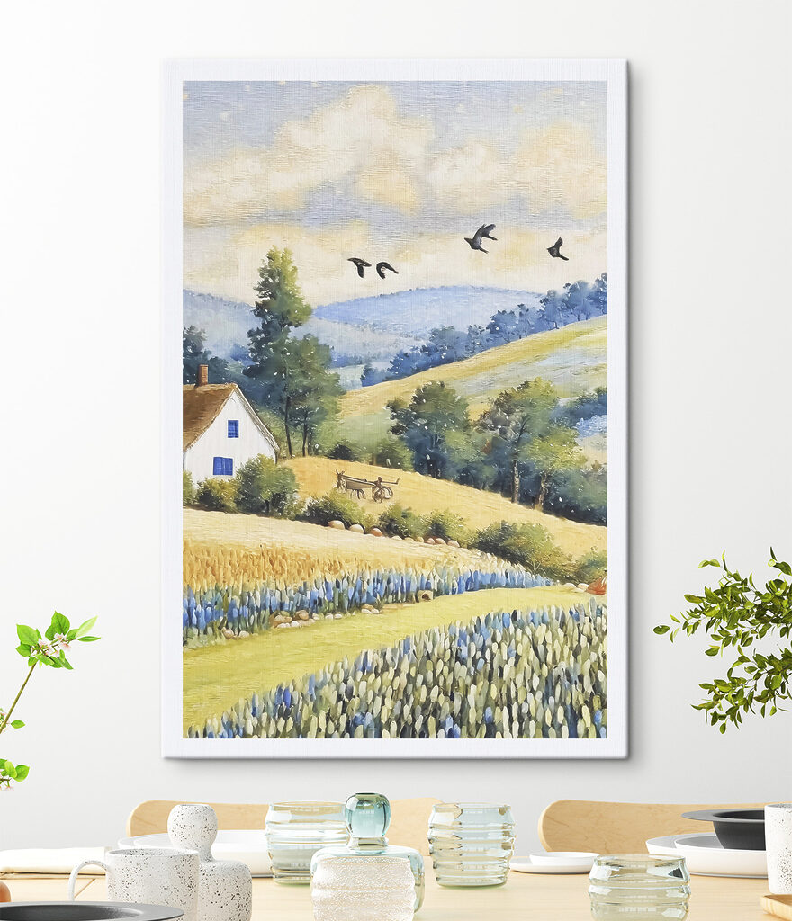 A painting of a house and a field of flowers