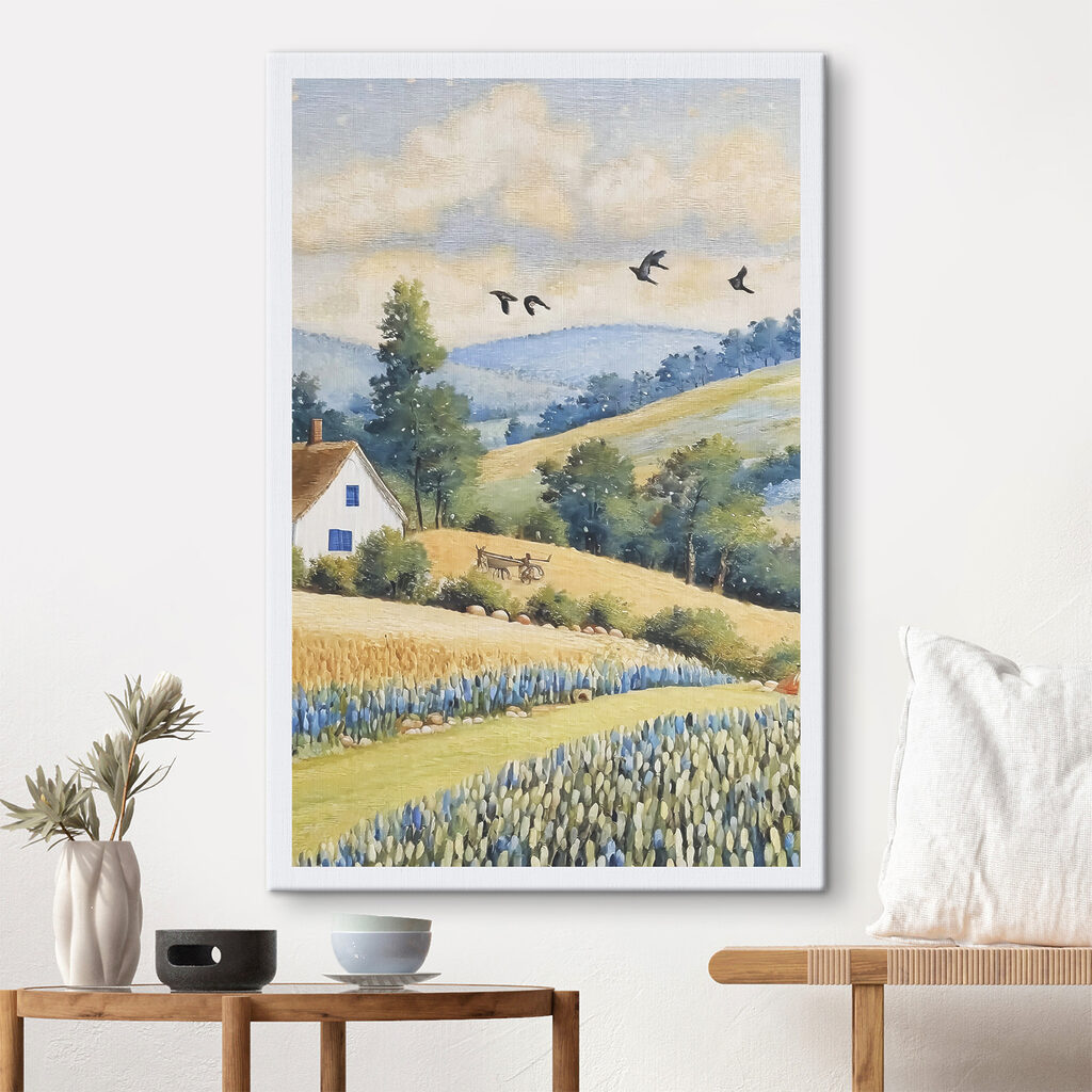 A painting of a house and a field of flowers
