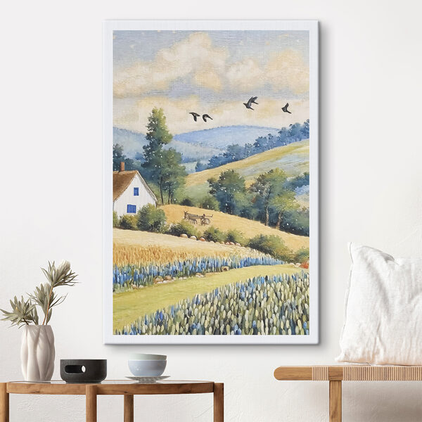 A painting of a house and a field of flowers
