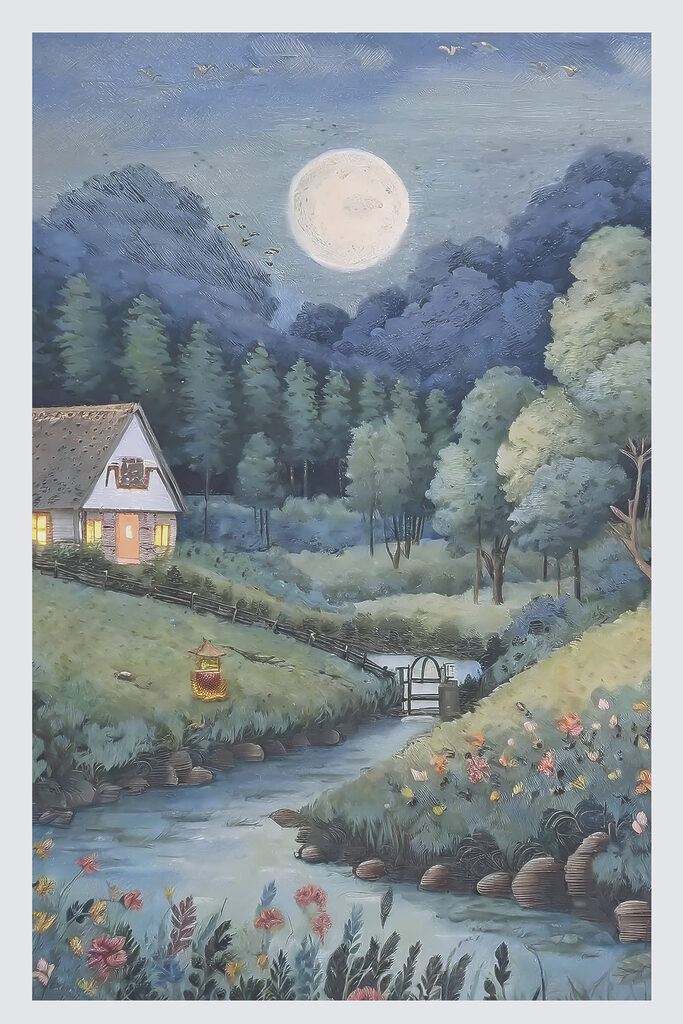 A painting of a house and a river in a forest