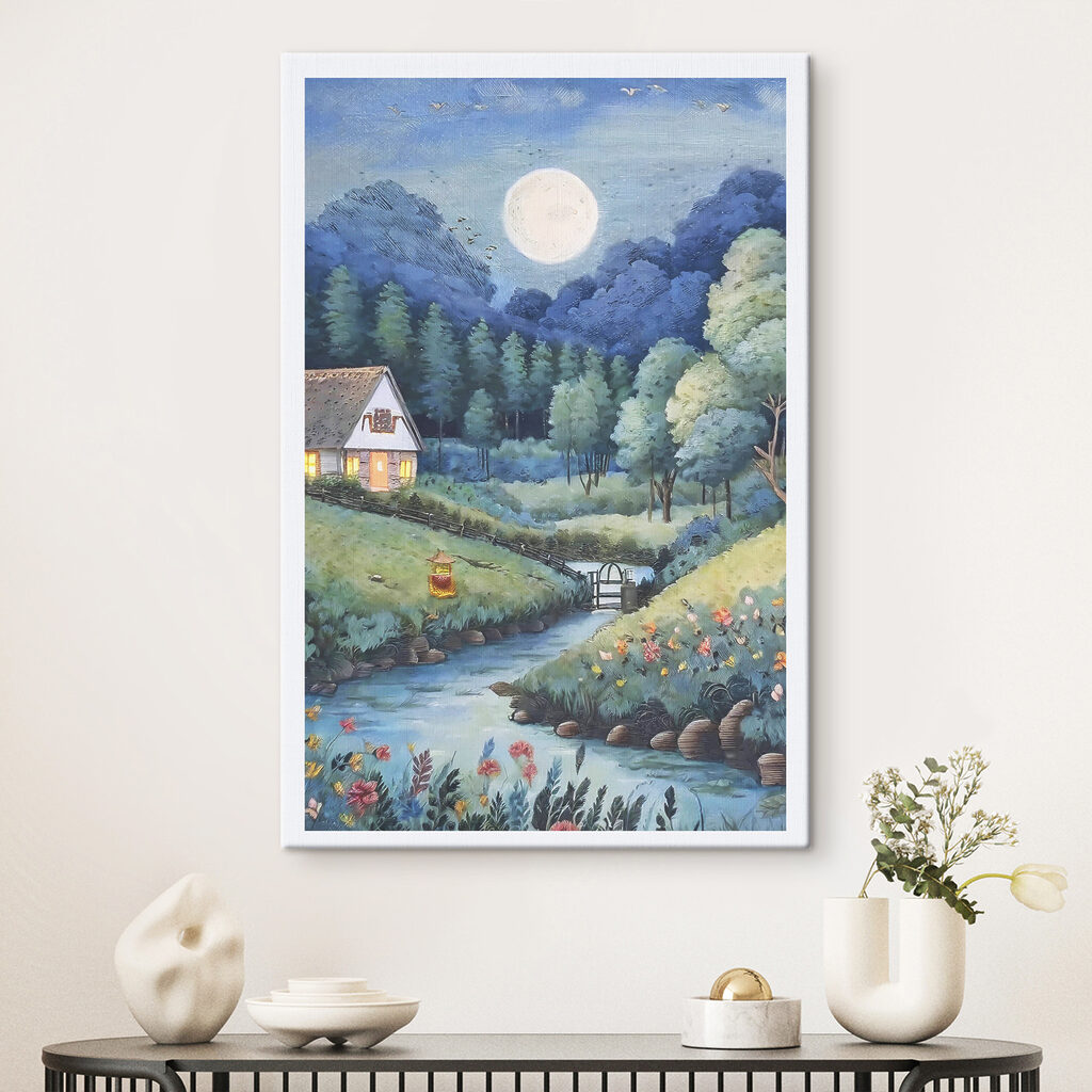 A painting of a house and a river in a forest