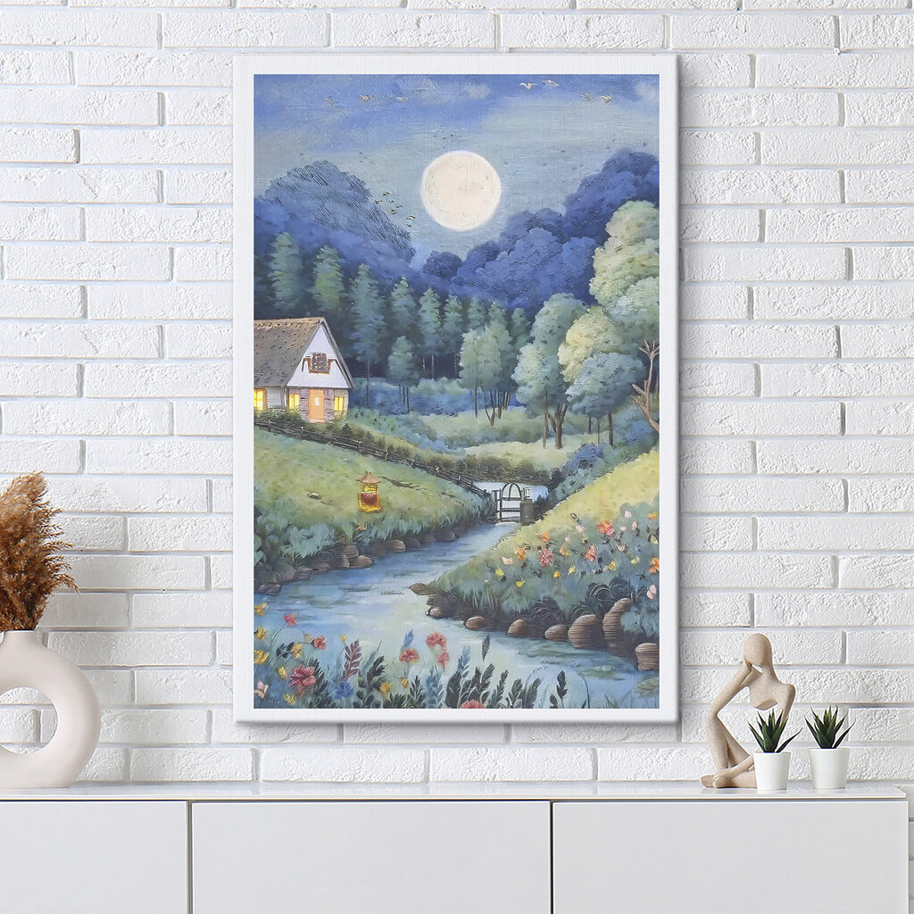 A painting of a house and a river in a forest