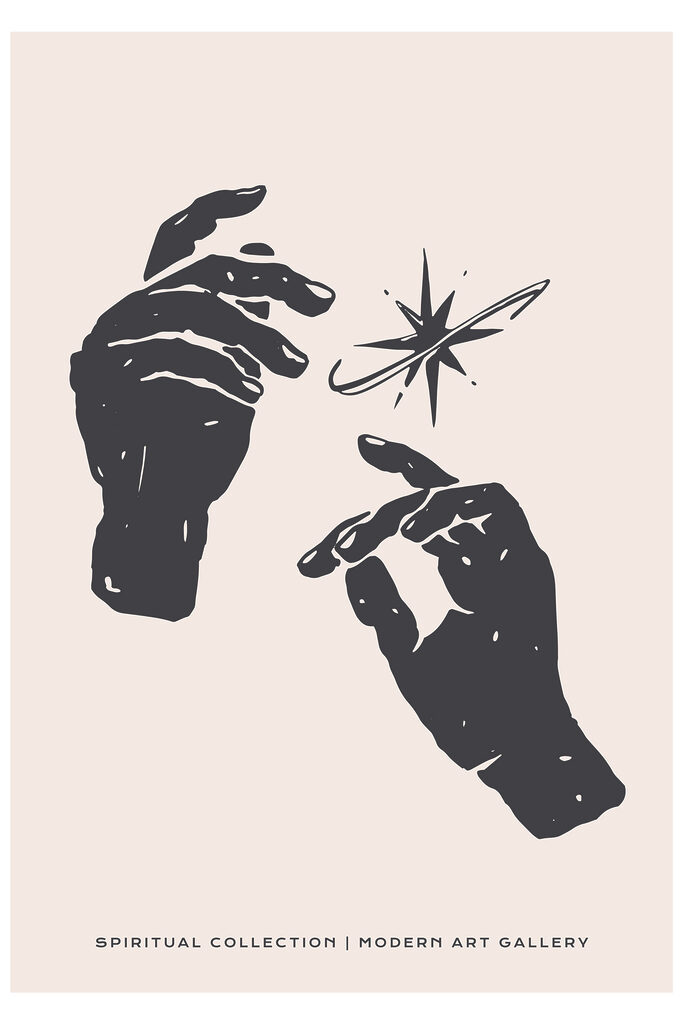 A black and white drawing of hands