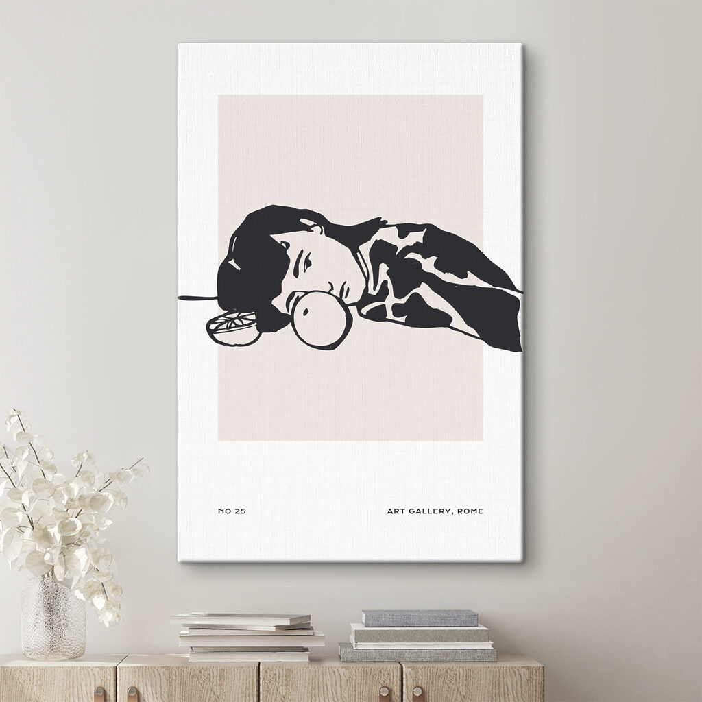 A drawing of a woman sleeping with a fruit A drawing of a woman sleeping with a fruit