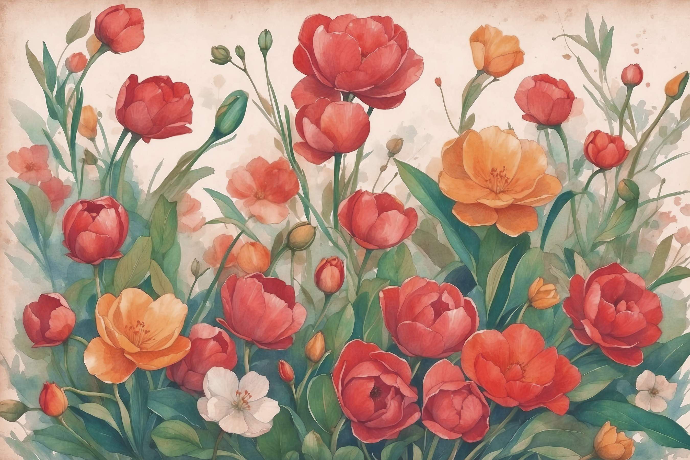 A painting of flowers and leaves A painting of flowers and leaves
