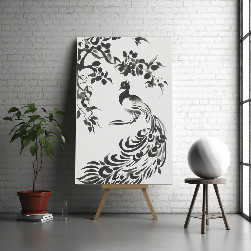 A black and white painting of a bird
