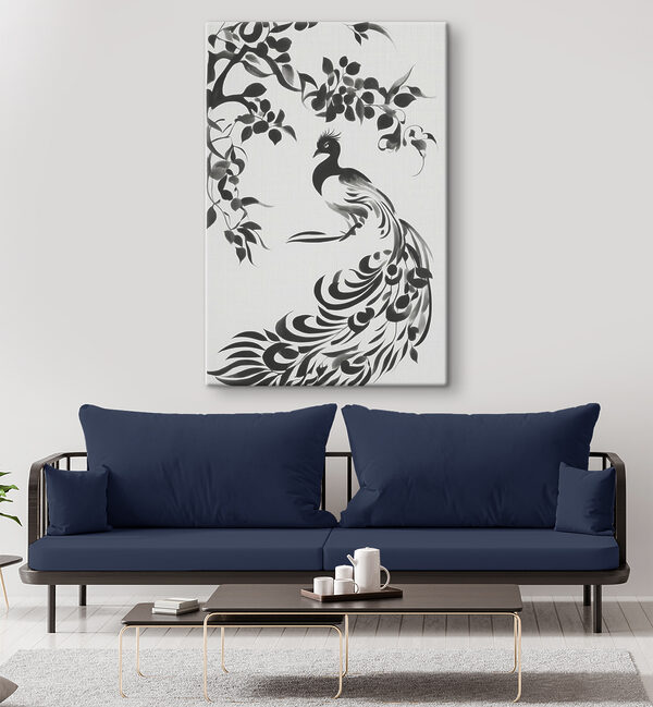 A black and white painting of a bird