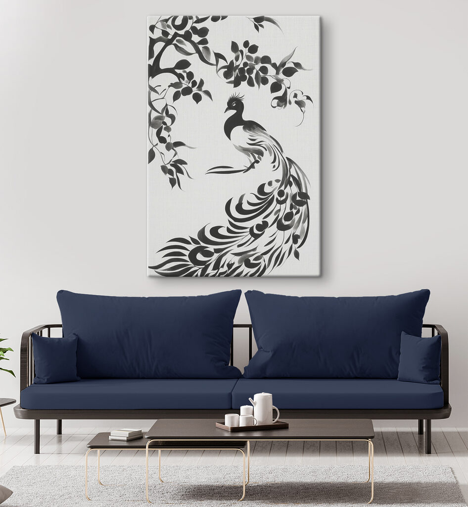 A black and white painting of a bird