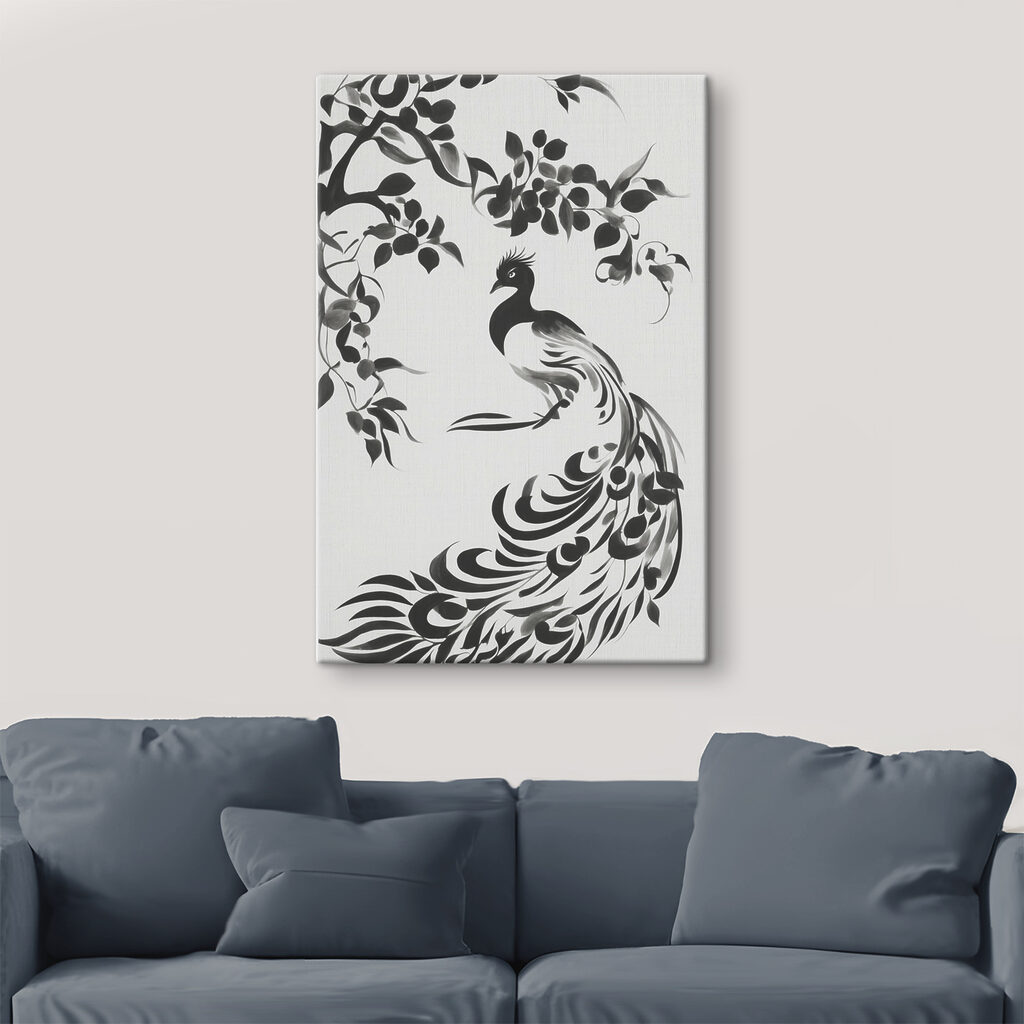 A black and white painting of a bird