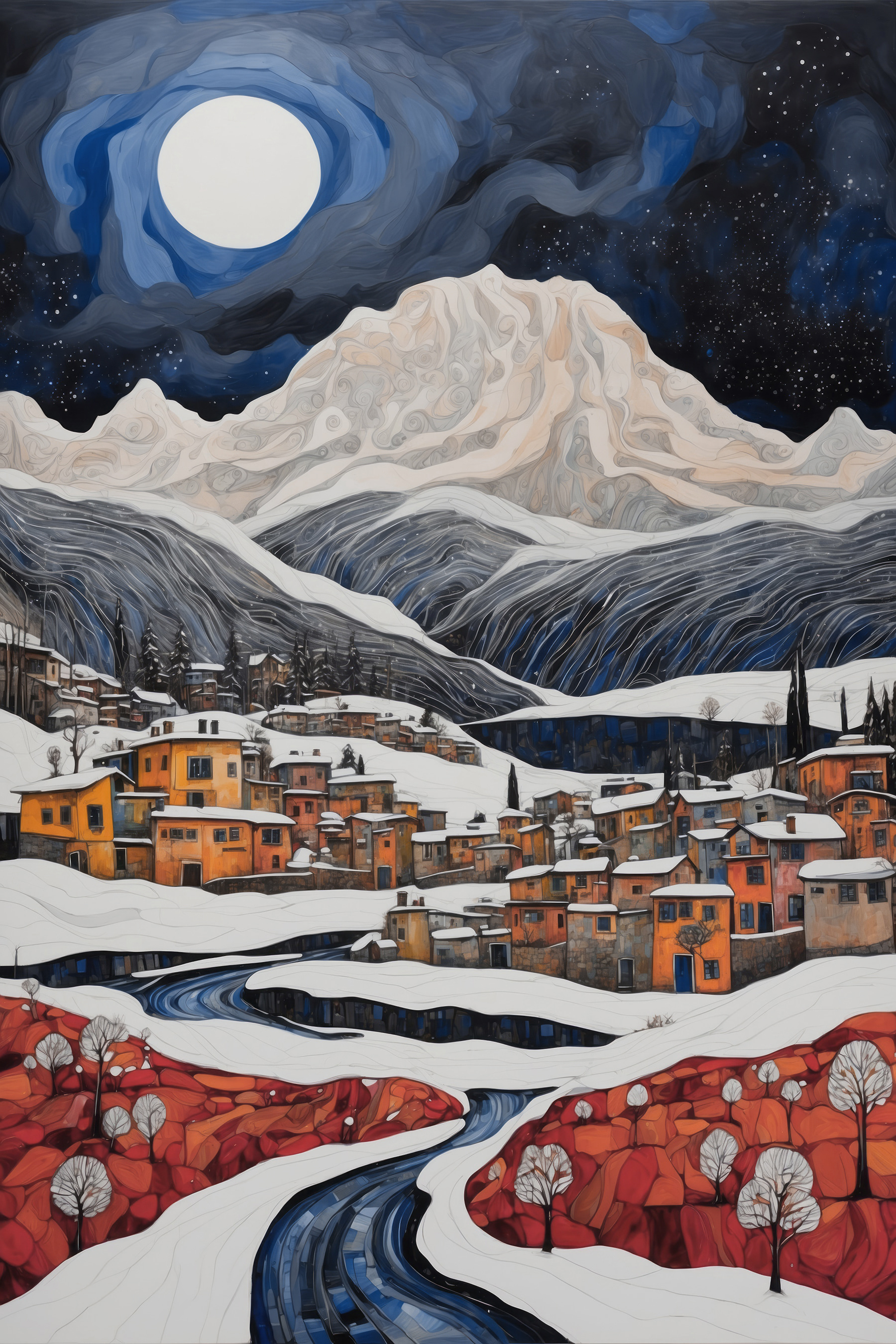 A painting of a town in the snow A painting of a town in the snow