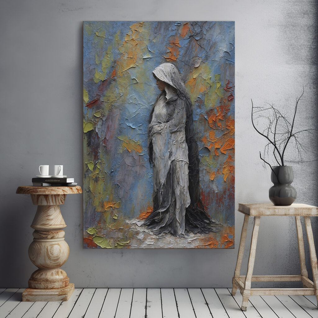 A painting of a woman in a white robe A painting of a woman in a white robe
