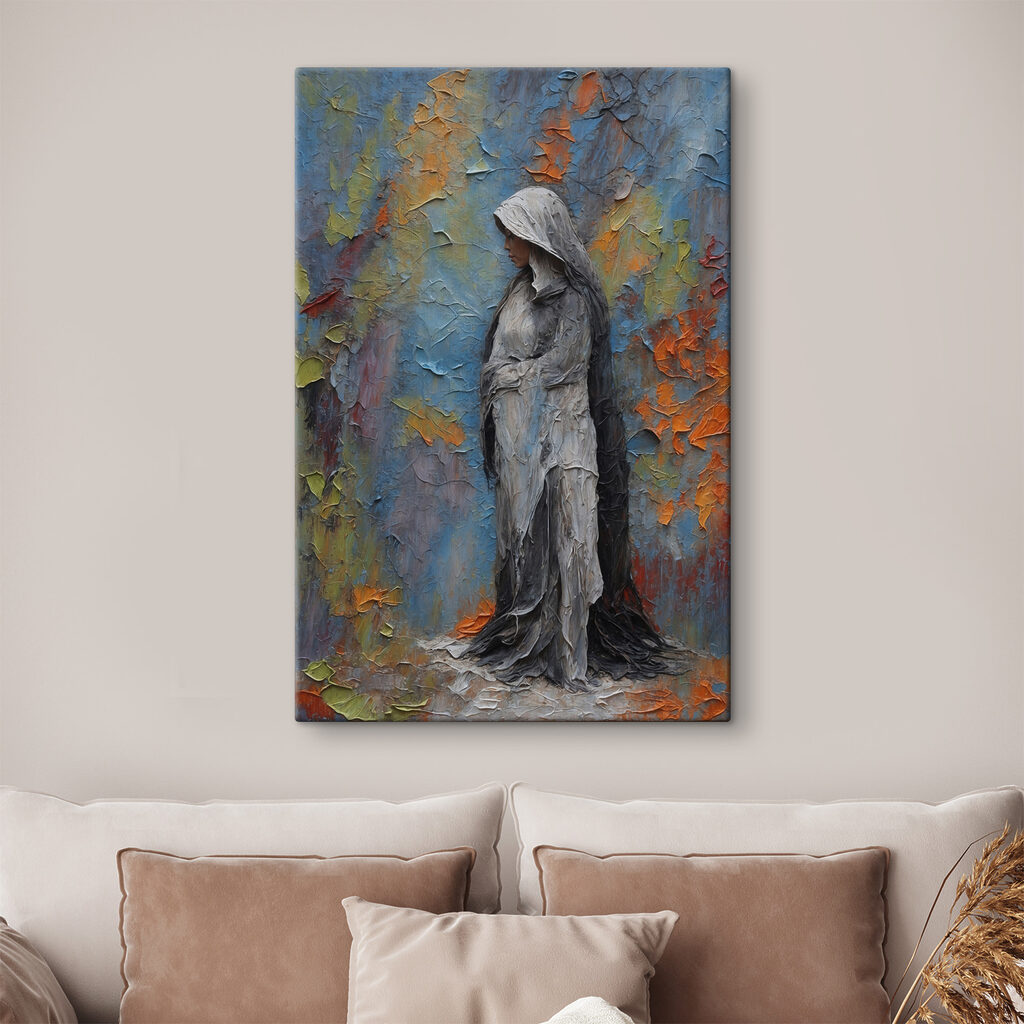 A painting of a woman in a white robe A painting of a woman in a white robe