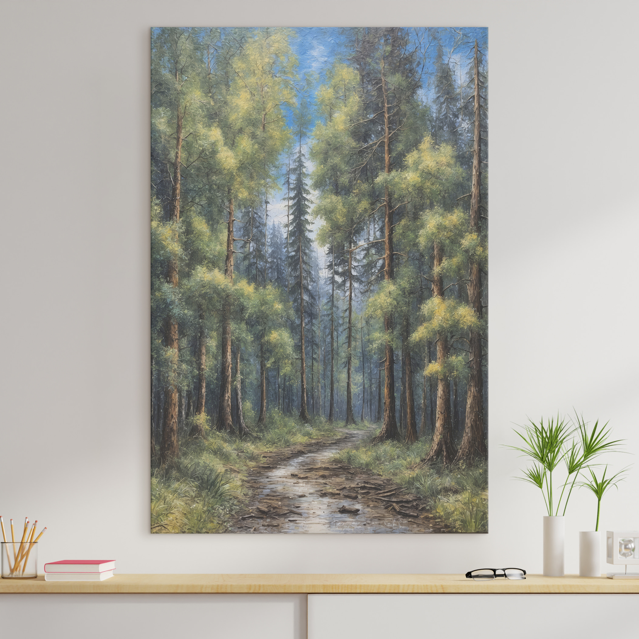 A painting of a forest of trees