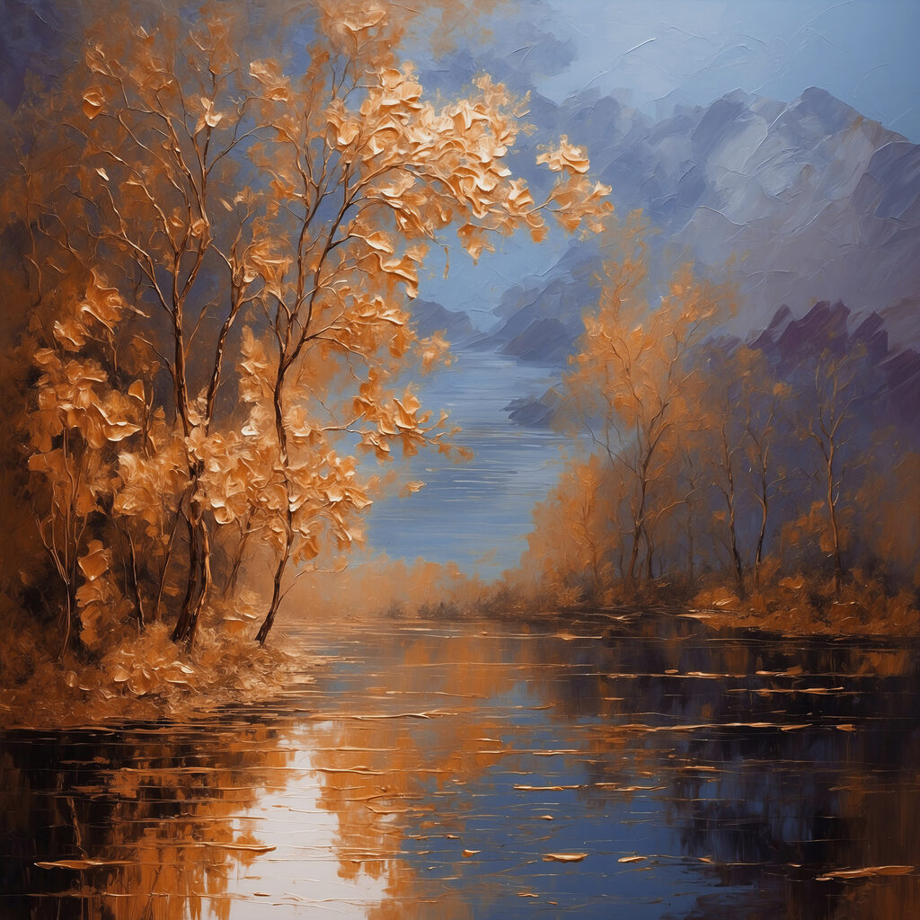 A painting of trees and water A painting of trees and water