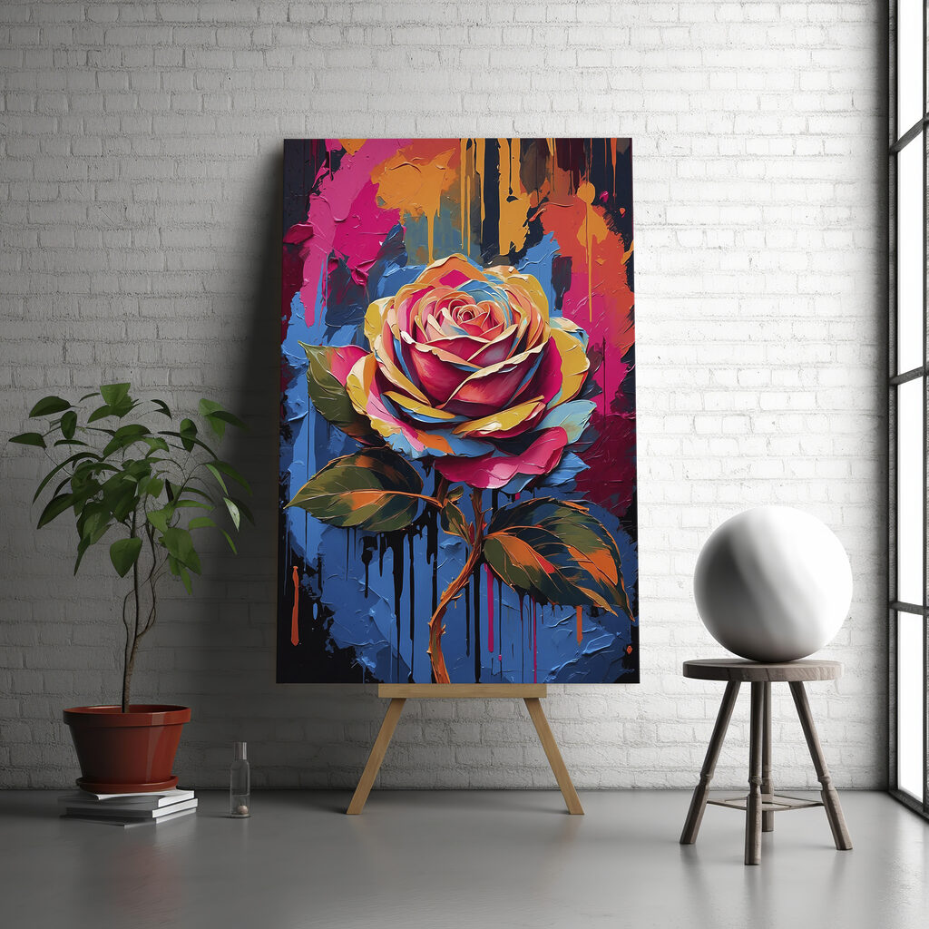 A painting of a colorful rose