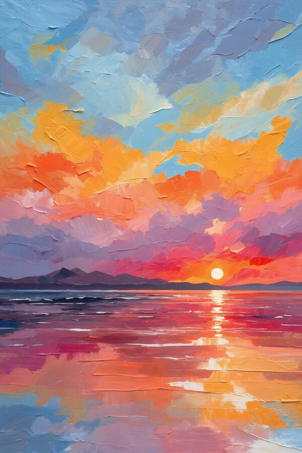 A sunset over water with mountains in the background A sunset over water with mountains in the background