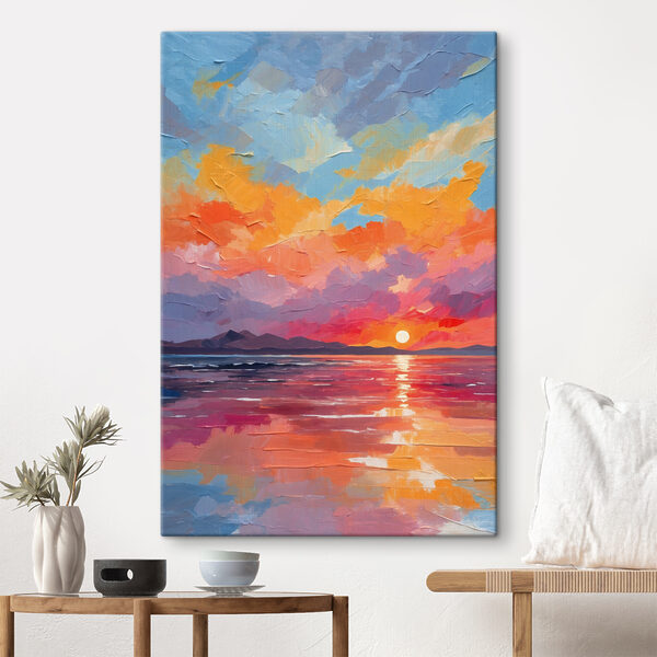 A sunset over water with mountains in the background A sunset over water with mountains in the background