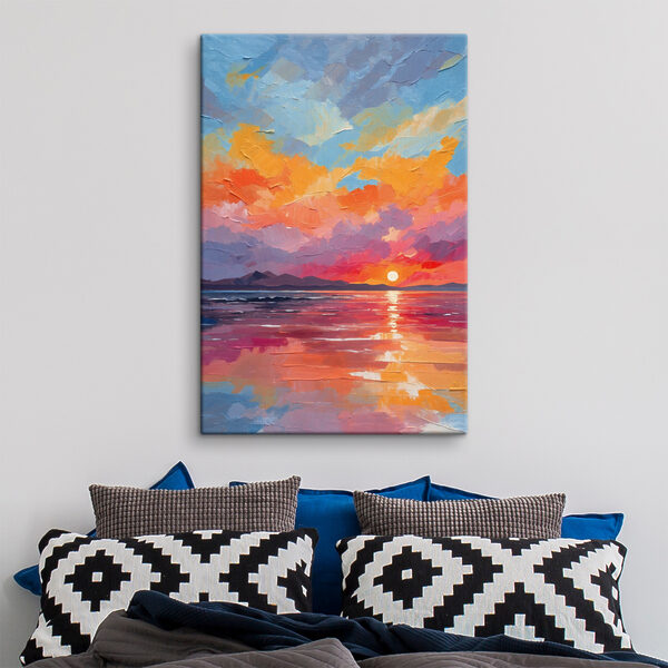 A sunset over water with mountains in the background A sunset over water with mountains in the background