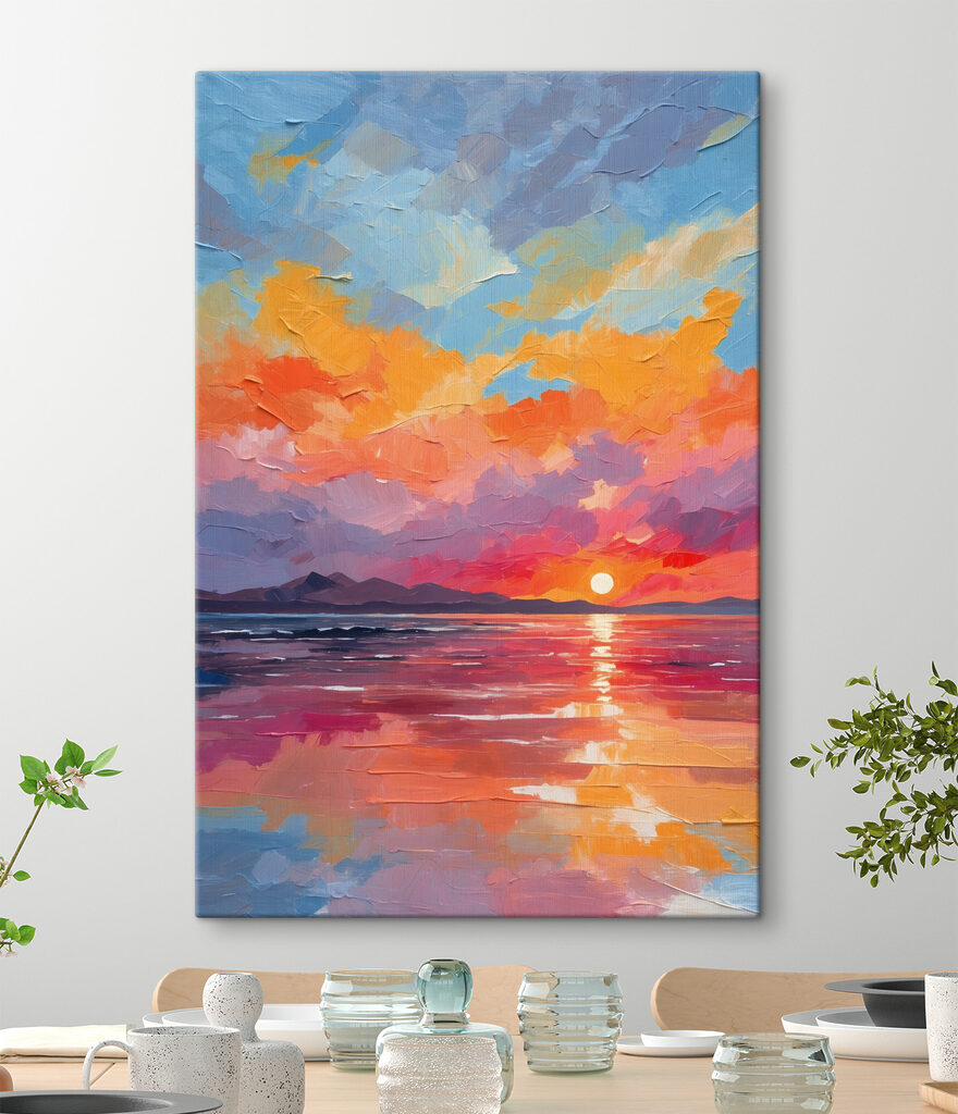 A sunset over water with mountains in the background A sunset over water with mountains in the background