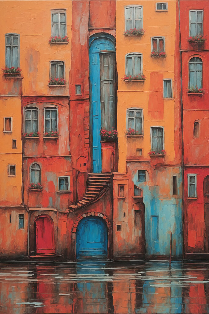 A painting of a building with a staircase and a blue door A painting of a building with a staircase and a blue door