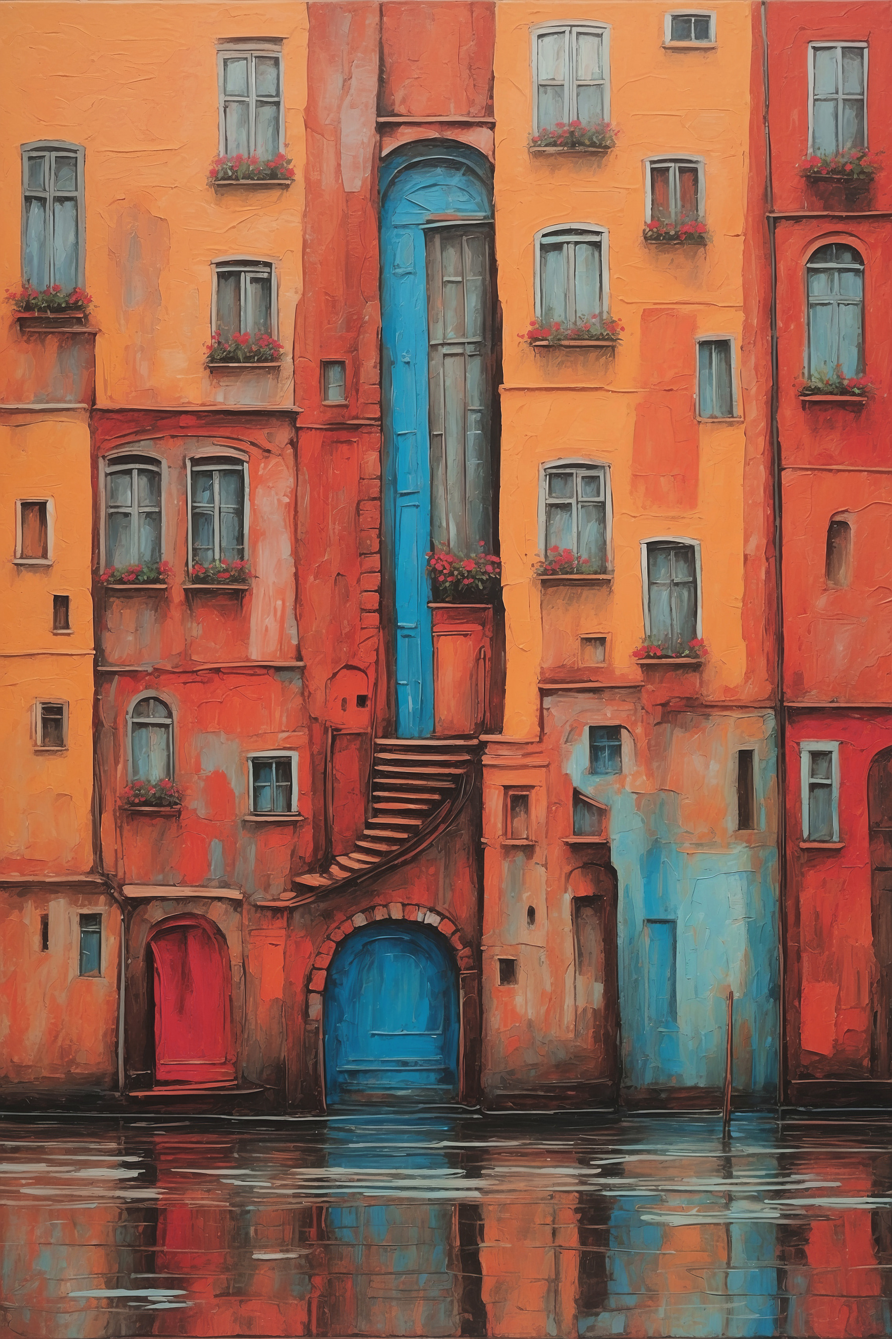 A painting of a building with a staircase and a blue door A painting of a building with a staircase and a blue door