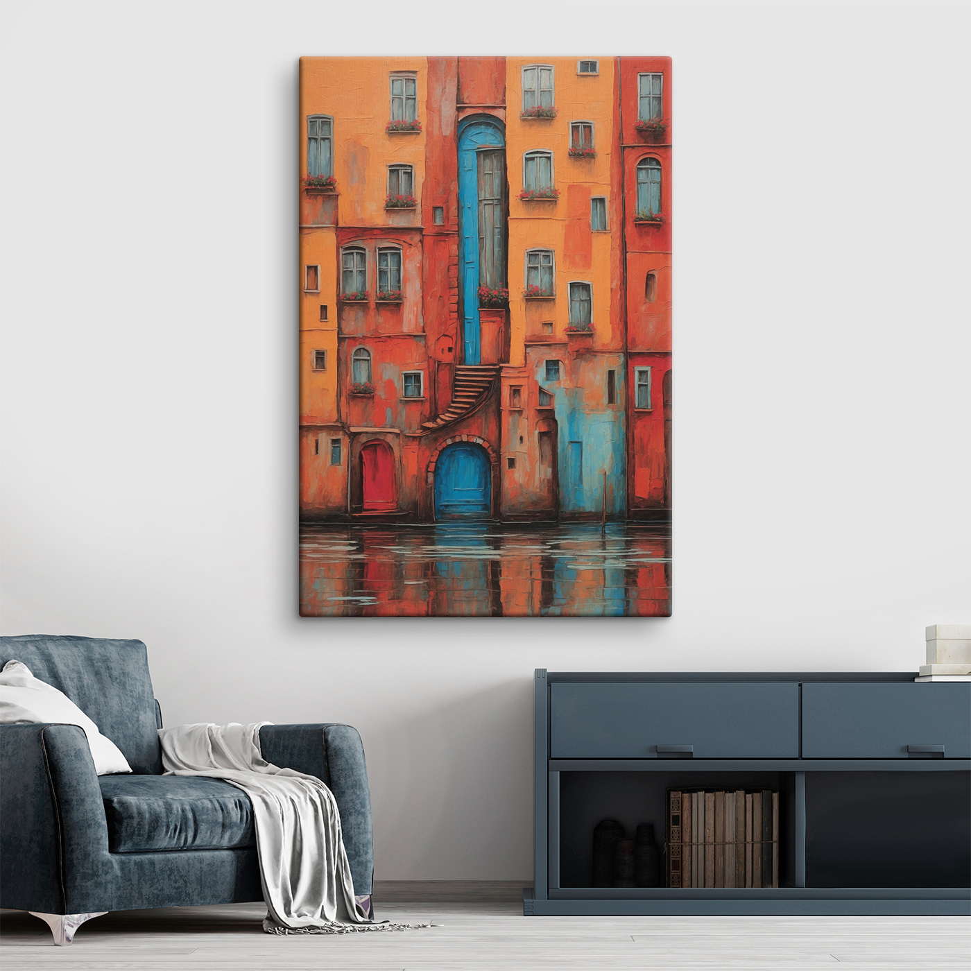 A painting of a building with a staircase and a blue door A painting of a building with a staircase and a blue door
