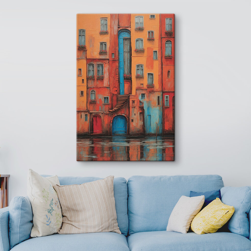 A painting of a building with a staircase and a blue door A painting of a building with a staircase and a blue door