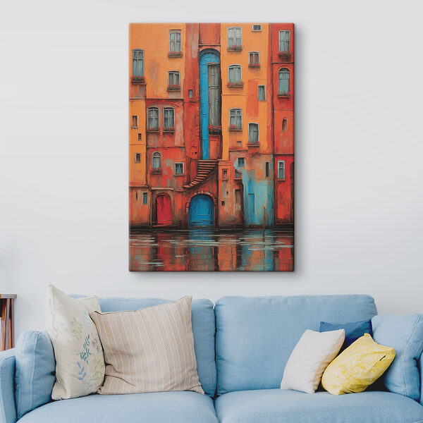 A painting of a building with a staircase and a blue door A painting of a building with a staircase and a blue door