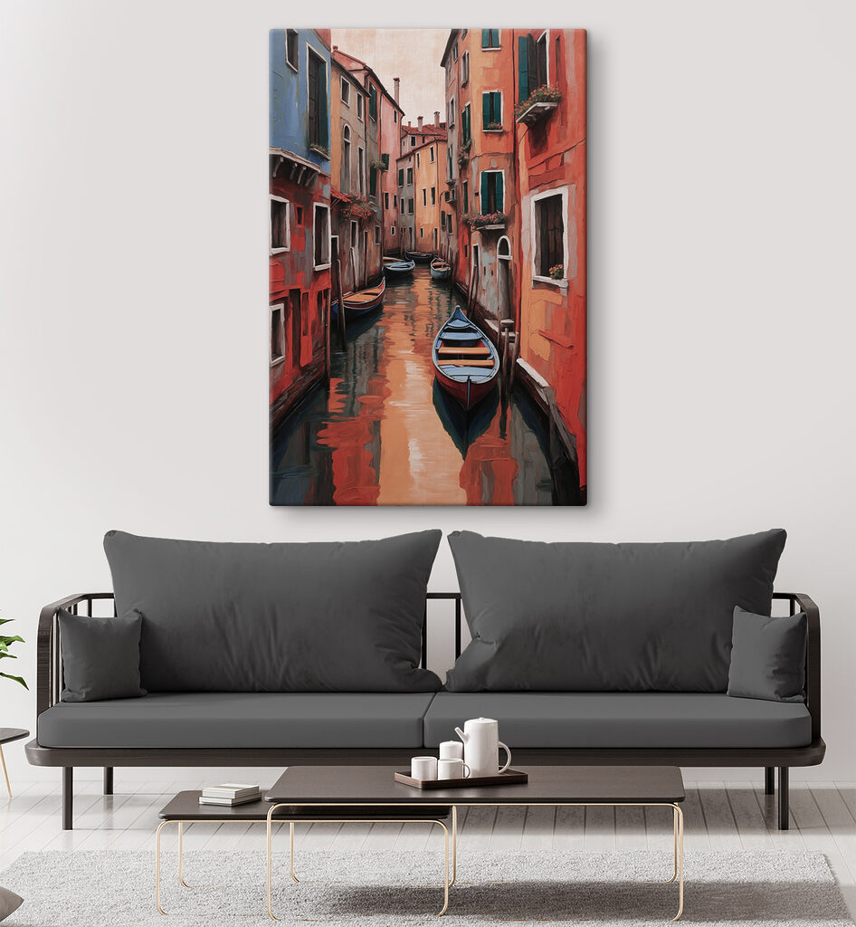 A rowboat in a canal between buildings
