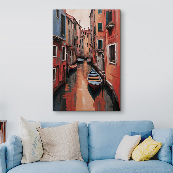 A rowboat in a canal between buildings